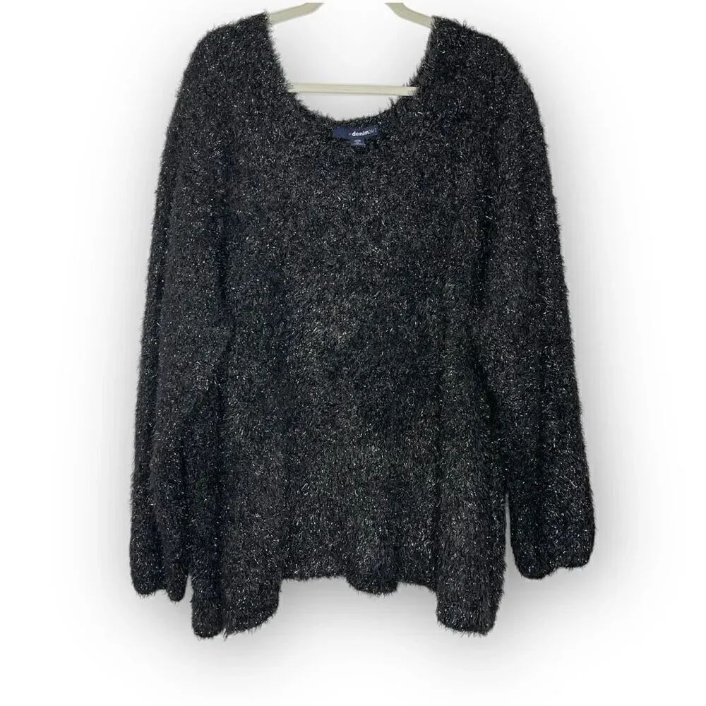 Denim 24/7 Black Metallic Eyelash Fuzzy Sweater Scoop Neck Women's Plus Size 4X